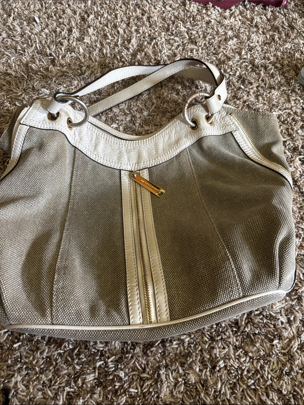 Michael Kors Beige Canvas Shoulder Bag with White Trim